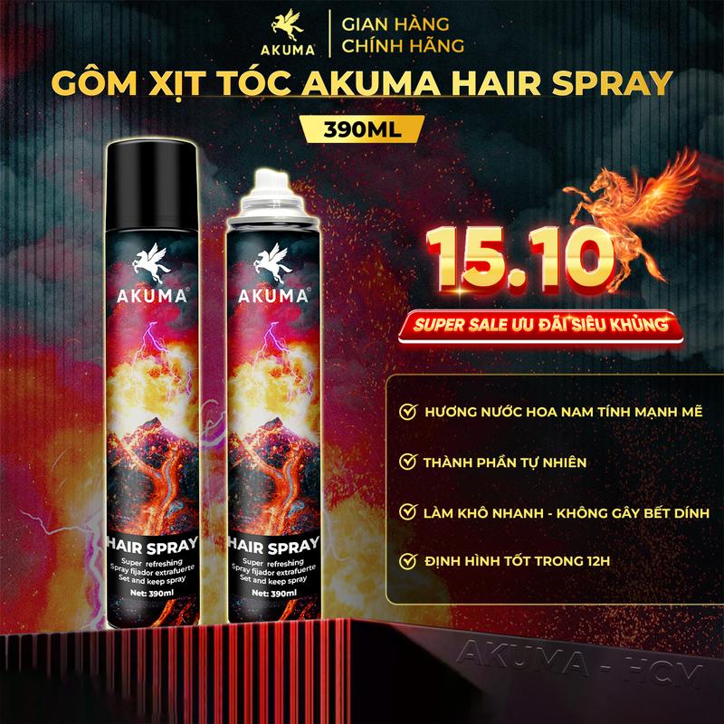  Gôm Xịt Giữ Nếp Tóc AKUMA 390ml - Hương Nước Hoa Nam.  Dưỡng Tóc Chăm Sóc Tóc 