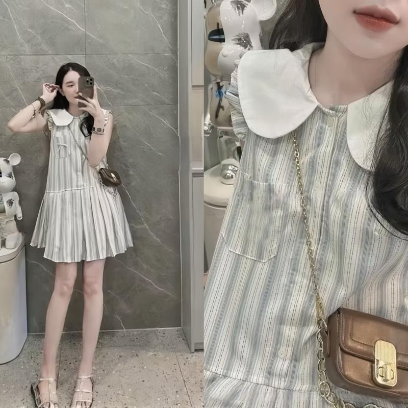 Váy bầu mùa hè, đầm bầu thiết kế dáng babydoll cổ sơ mi, áo sát nách thoáng mát, váy đũi hàn cao cấp