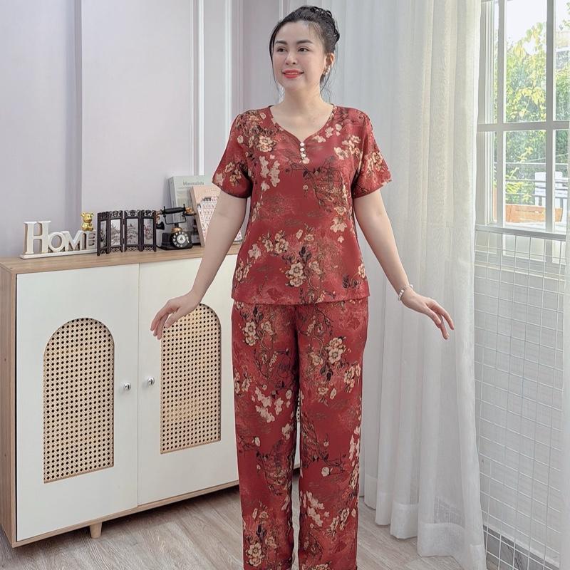 Y24 Đồ Bộ trung niên lụa Mango cao cấp quần dài chất mềm, không nhăn, thoáng mát, hoạ tiết thanh lịch sang trọng thoải mái , màu sắc tôn da, đính nút cao cấp Women Nữ 9