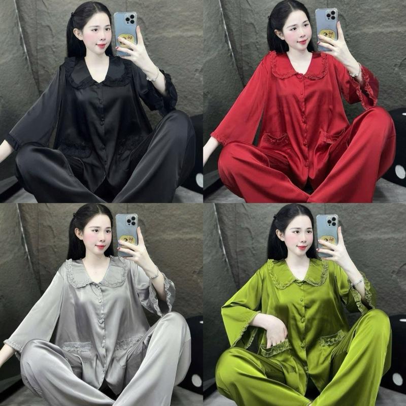 Đồ Bộ Pijama Lụa LaTin Tơ Tằm Tay Lỡ Thiết Kế Nữ Có Túi 42kg-63kg