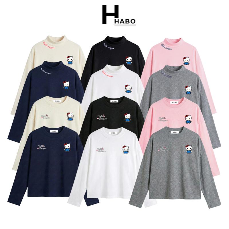HA.BO STORE 18 Áo Giữ Nhiệt, Áo Thun Tay Dài Form BOXY Chất Liệu LÓT LÔNG THỎ IN HELLO KITTY Bên Trong Có Mặt Nhung Mềm Mại Ấm Áp Unisex Nam Nữ Basic Dễ Phối Đồ Casual