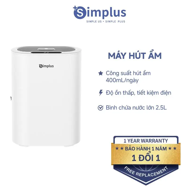 [XẢ KHO] SimplusVN Máy hút ẩm công suất hút ẩm 400mL/ngày, Bình chứa lớn 2.5L, Độ ồn thấp 35dB, Phù hợp phòng ngủ, phòng làm việc, tủ quần áo CUSH007, Bảo Hành 1 Năm Chỉ Đổi Không Sửa