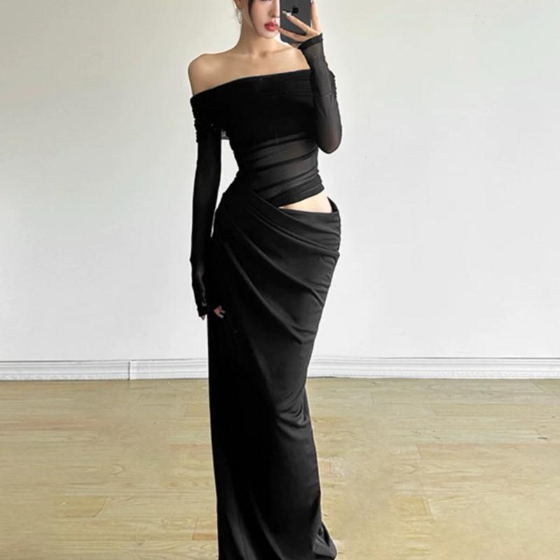 Đầm body nữ dáng dài khoét eo trễ vai phối lưới sang chảnh Lolystore dress women