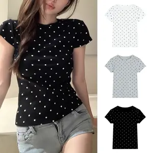 Kaus Lengan Pendek Leher Bulat Polka Dot Katun Murni Atasan Pendek Gadis Panas Nafsu Murni Terbaru Wanita