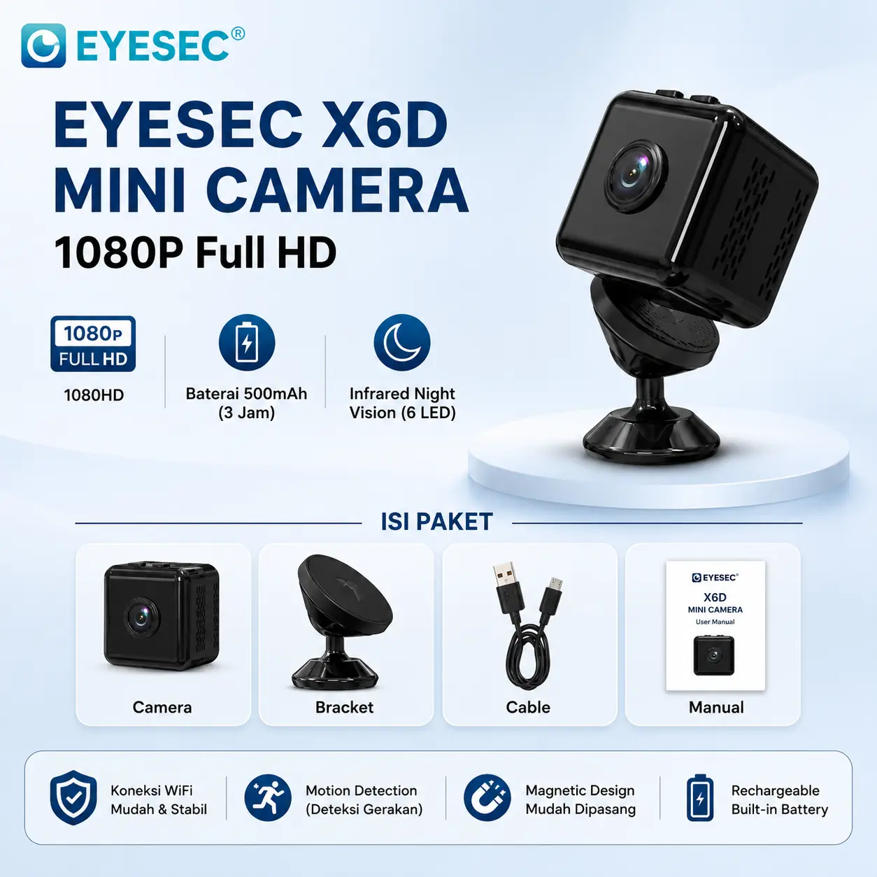 EYESEC CCTV Mini 1080P WiFi Camera | Kamera Keamanan Baterai Portable dengan Motion Detection