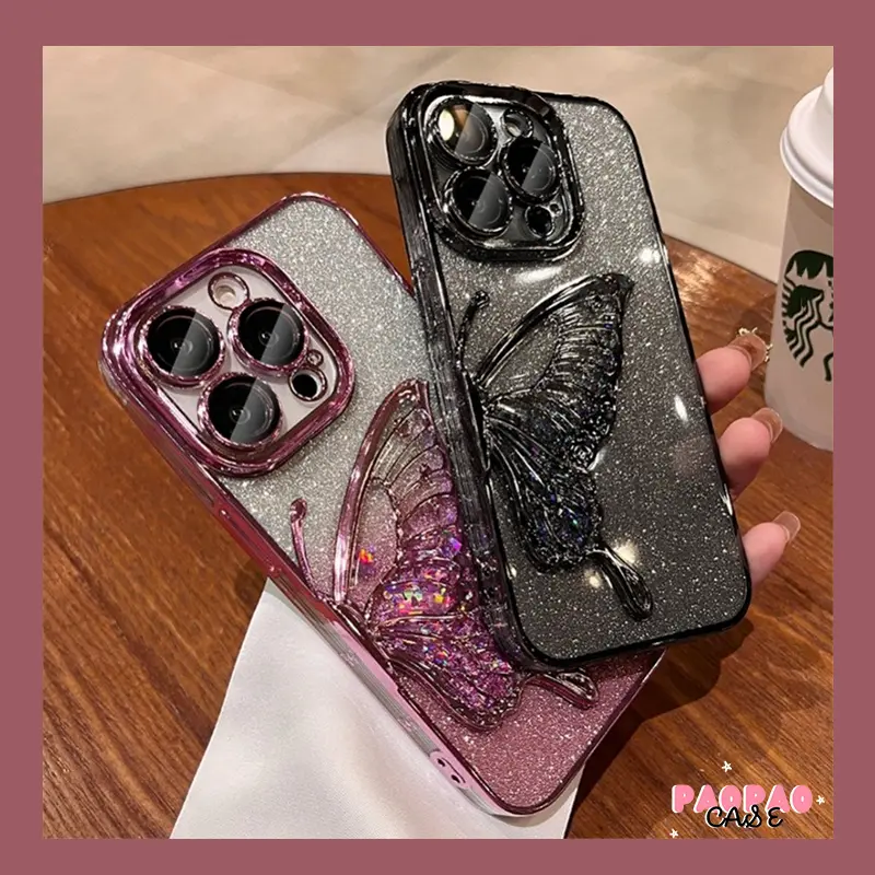 Paopao Case Quicksand Glitter Butterfly Kupu-kupu Case for iPhone 11 12 13 14 15 Pro Max Max plus Tersedia Luxury  Casing belakang berlapis bening berkilau berkilau