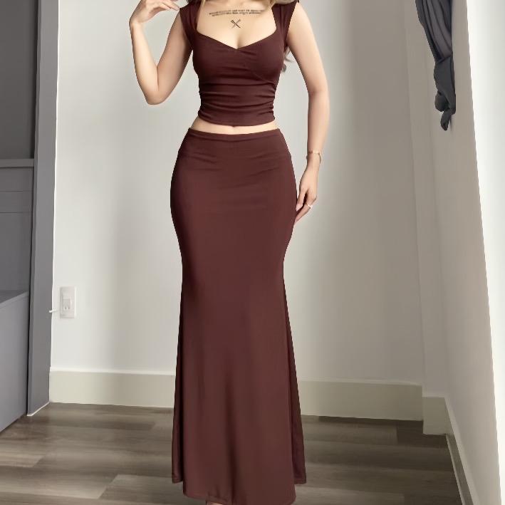 Set đầm body nữ áo cổ rộng dáng basic phối chân váy đuôi cá dài xoè nhẹ sang chảnh Lolystore dress women HL106