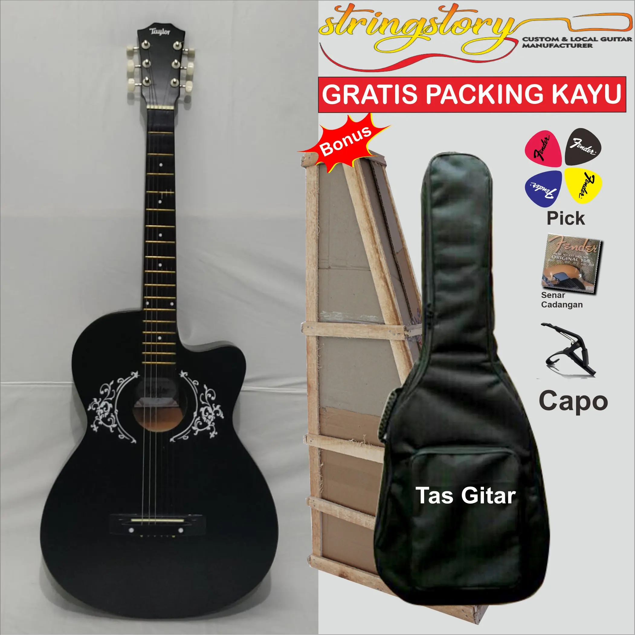 Gitar Akustik Pemula Original Banyak Bonus Gratis Packing Kayu, Capo, Senar, dan Pick