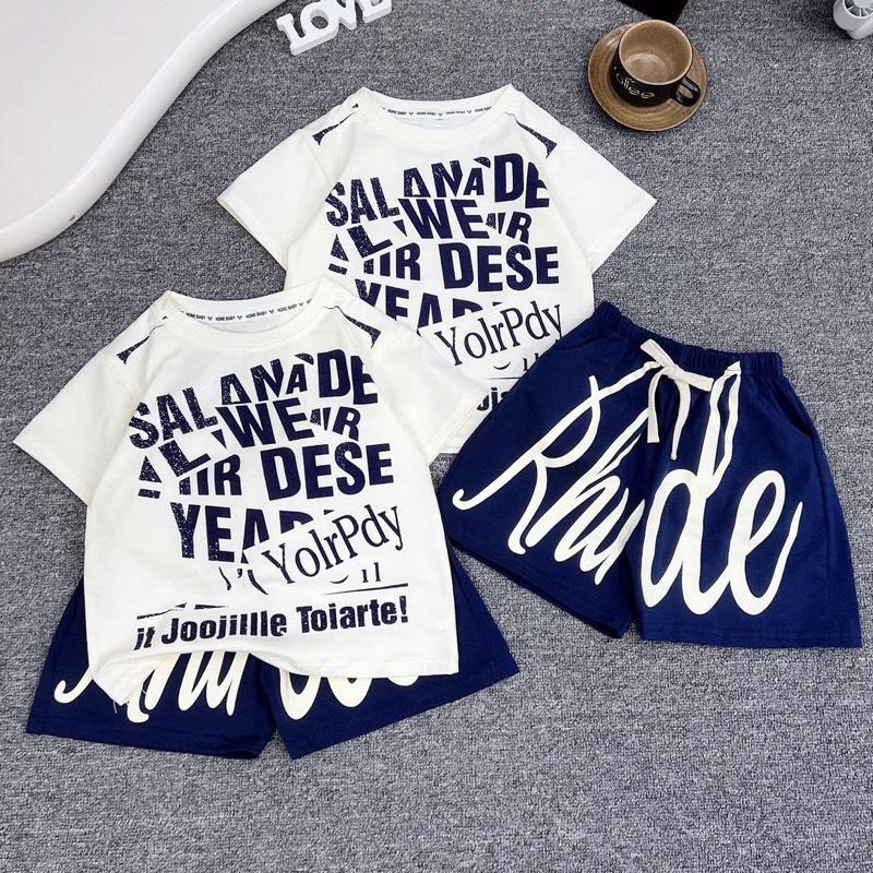 (Khosimegao)Bộ Quần Và Áo Hè Cotton Màu Be in Chữ Phong Cách Sành Điệu, Dễ Thương Cho Bé Trai. Bộ Bé Trai cộc tay Chất Cotton mềm mát. Phong Cách Hàn Quốc Cho Bé.8-30kg Jean Kaki