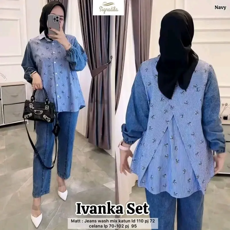 Set Oneset Jeans Wanita Ivanka - Termurah - Kulot, Kancing, Muslim, Celana, Cantik, Setelan, Baju, Casual, Atasan, Formal
