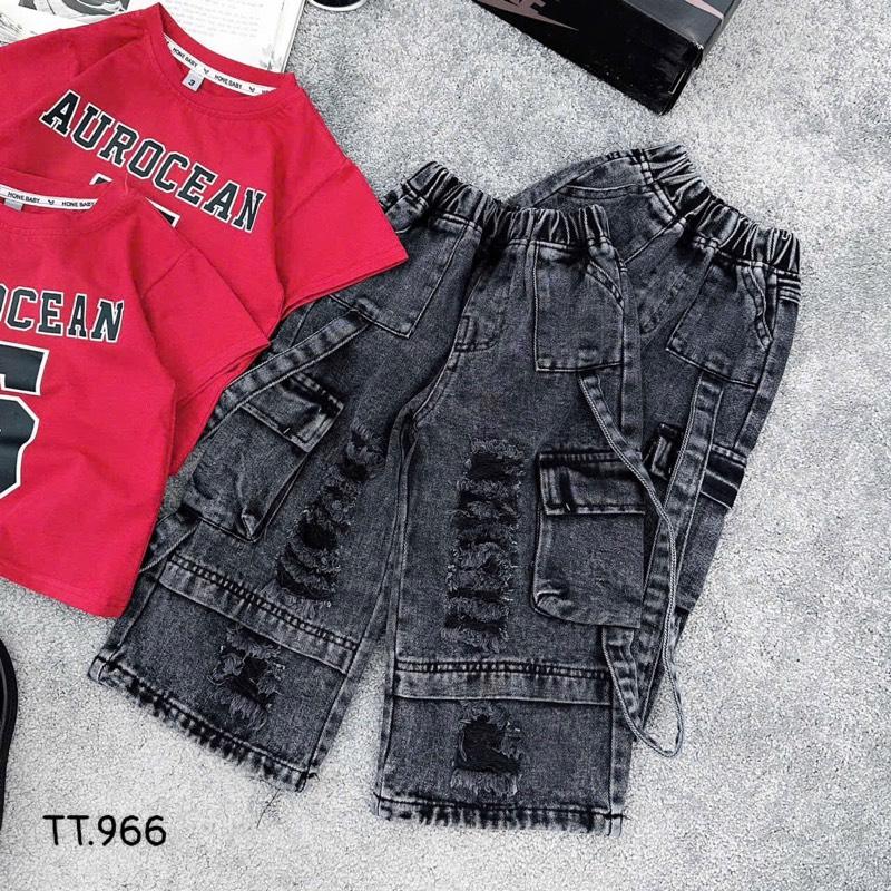 <ST> Set áo cotton đỏ số 5 mix quần jean túi hộp 5