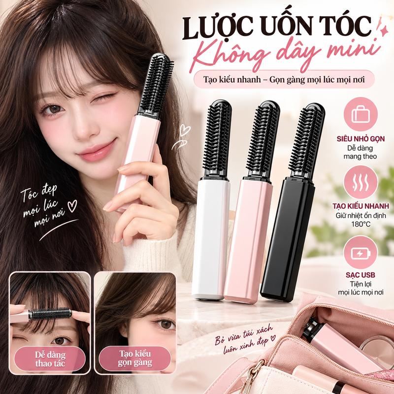 Lược duỗi tóc mái mini không dây – Tạo phồng chân tóc, tạo kiểu tóc mái chữ 8, thiết kế nhỏ gọn như son môi, tiện lợi mang theo, máy uốn/duỗi tóc đa năng. kẹp