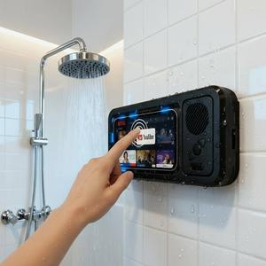 防水仕様の浴室用スマホボックス、Bluetooth対応スピーカー搭載バスソンのテレビスタンドホルダー、タッチスクリーン対応スマホケース、シャワー用スピーカー付きスマホホルダー