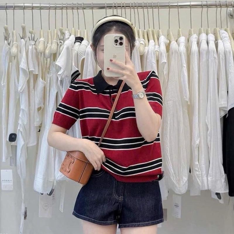 Áo len nữ cộc tay KẺ ĐỎ hàng len mongtoghi QC chất len mềm mỏng mát freesize Lynmostore