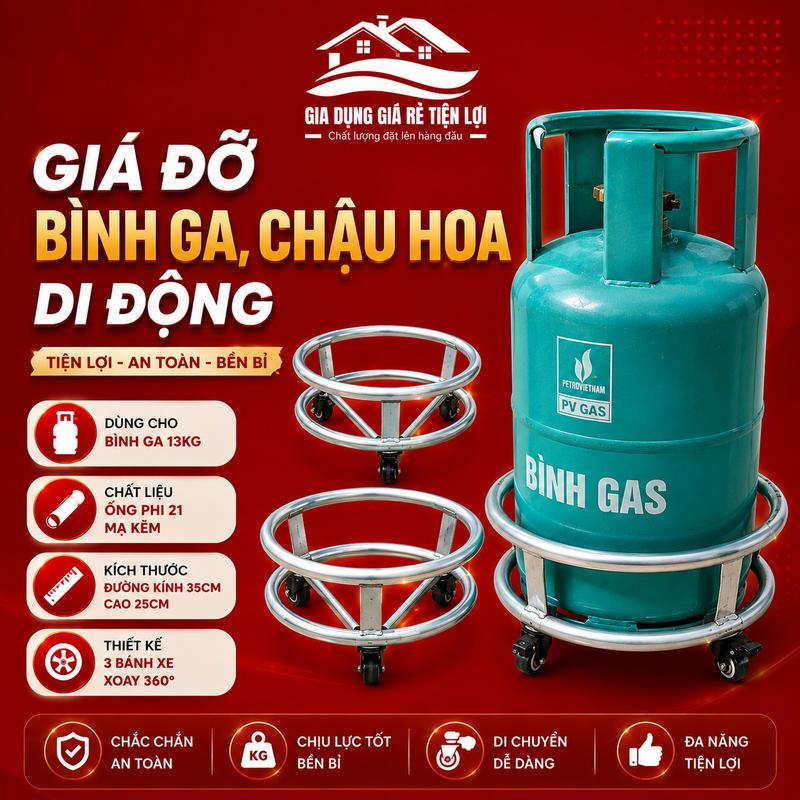Giá Đỡ Bình Gas 13kg, chậu hoa - Có Bánh Xe Khóa Chốt An Toàn - Thép Mạ Kẽm 1ly4 Dầy Dặn Chắc Chắn - Hàng Loại 1