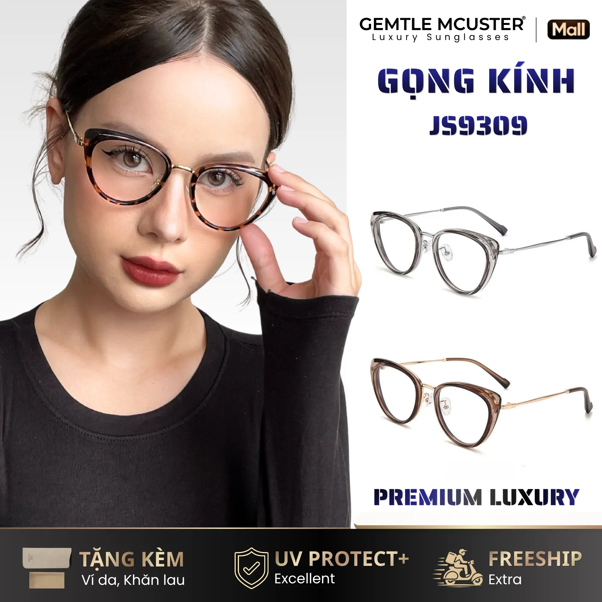 【GEMTLE MCUSTER】Kính Đổi Màu Gọng Mắt Mèo Siêu Nhẹ JW9309 Dành Cho Nữ Thiết Kế Trẻ Trung Chống Ánh Sáng Xanh Khung Tr90 Hình Học