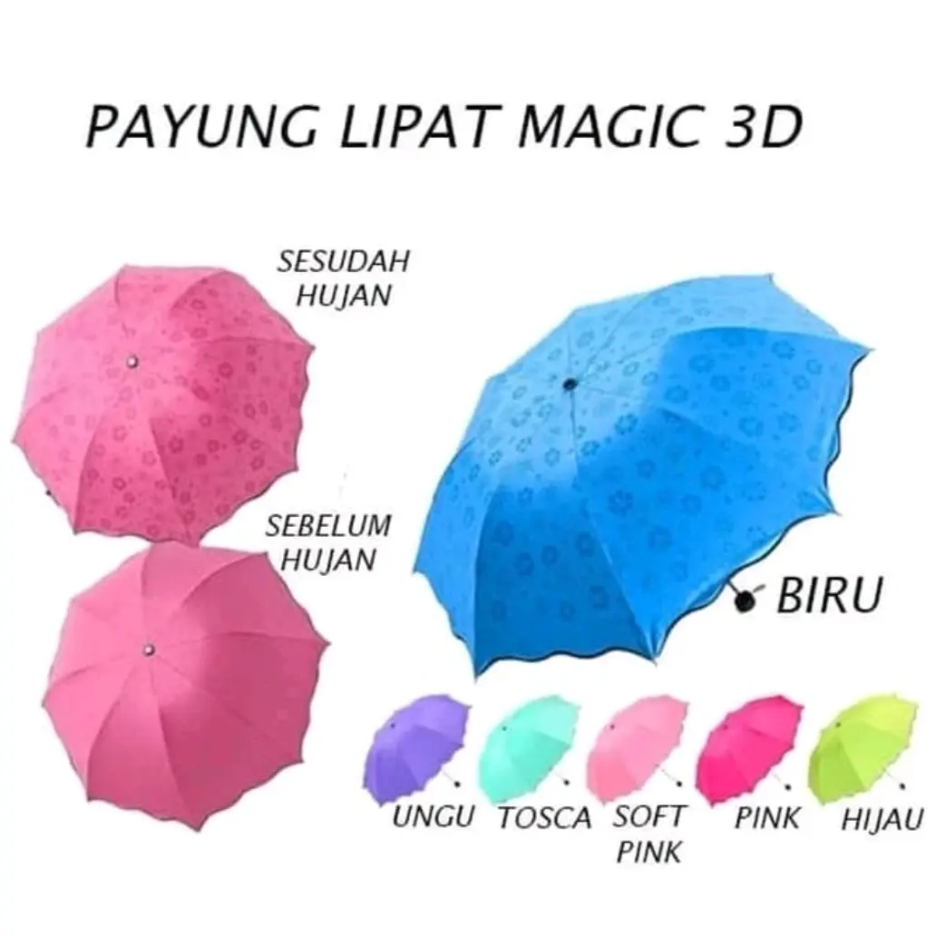 [ANTI UV] Payung Lipat 3 D Magic ANTI UV Motif Akan Berwarna Jika Basah Bonus Sarung