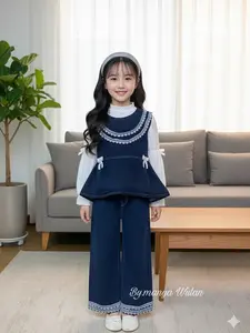 MW-SHOP - Setelan Jeans 3in1 Renda Mix Tangan Brukat Anak Perempuan Usia 3 - 12 Tahun / Fashion Raya Anak Celana Kulot - Set jeans Viral Model Korean Style