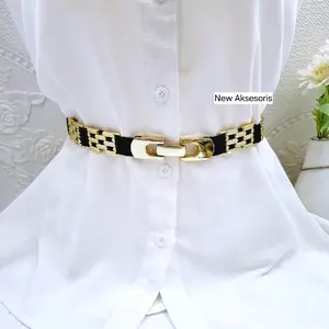 Sabuk Gesper Karet Elastis Obi Fashion Korean Style Aksesoris Pengait - New Aksesoris Belt Gold Kuning Rantai9