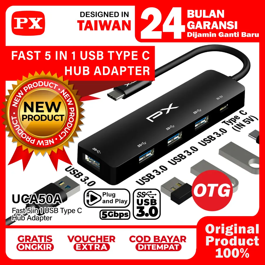 USB Hub Adapter Converter Laptop Macbook USB C to USB 3.0 Type C Power Input 5 Port 5 in 1 PX UCA50A