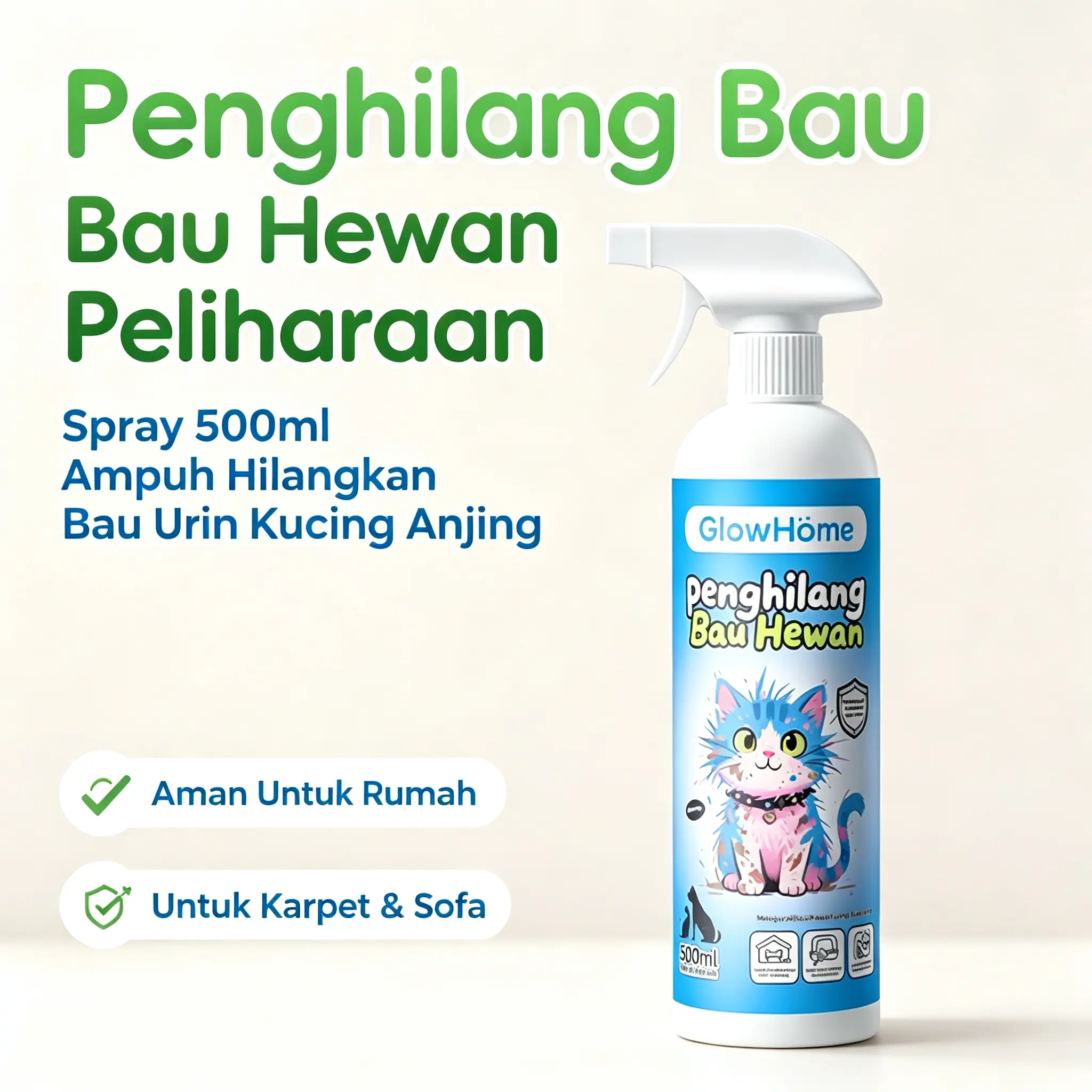 GlowHome Penghilang Bau Hewan Peliharaan Spray 500ml Enzim & Bakteri Baik Aman untuk Rumah Karpet Sofa Aroma Segar Menghilangkan Bau Cepat dan Efektif