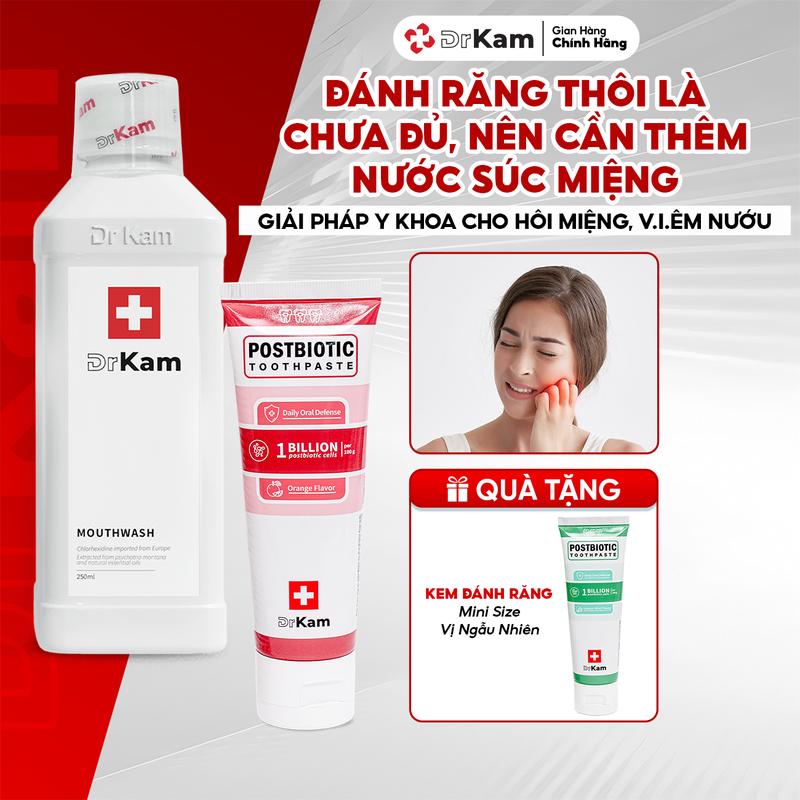 Combo 2 bước DrKam Nước súc miệng chuẩn y khoa và Kem đánh răng sinh học Postbiotic 110g Khử Hôi Miệng Trắng Răng