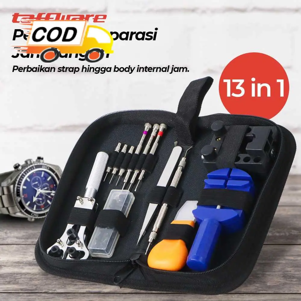Perkakas Reparasi Servis Jam Tangan 13 in 1 dengan Case Tas Portabel Lengkap Komplit Bahan Kokoh Tahan Lama Aman Set Perlengkapan Perbaikan Strap Body Arloji