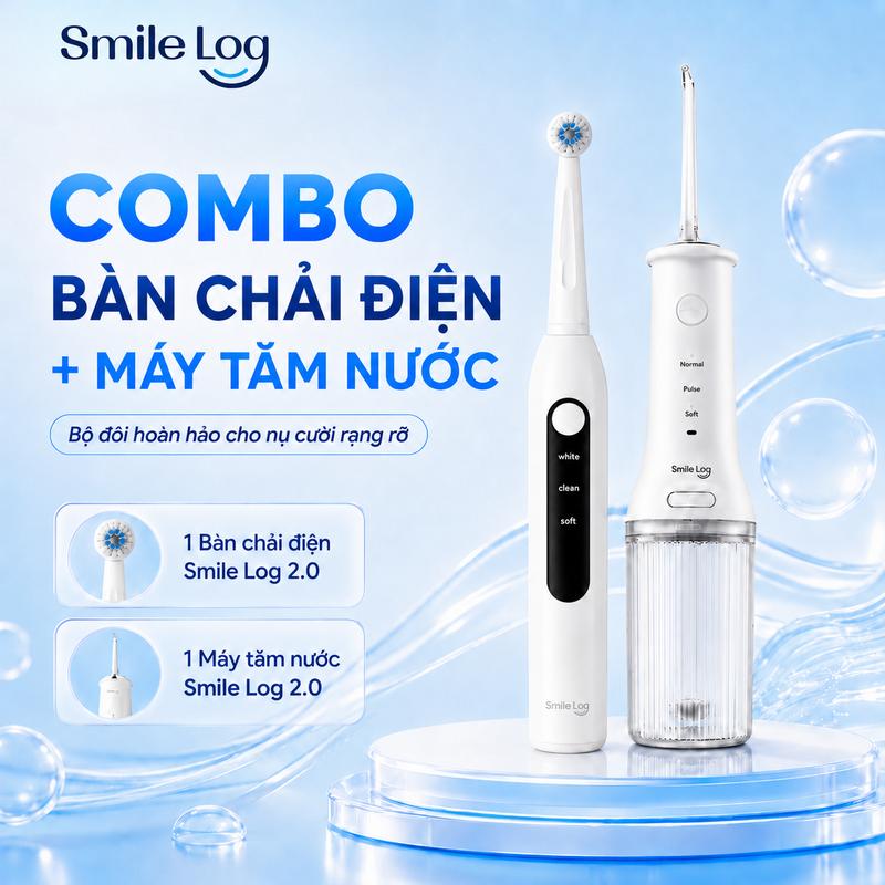 Bộ đôi Chăm sóc Răng Miệng 01 Bàn chải điện đầu tròn Smile Log 2.0 + 01 Tăm nước Smile Log 2.0, 03 Chế độ chải răng chuyên dụng, 03 Chế độ điều chỉnh tăm nước, Chăm sóc răng miệng chuyên sâu, Chống Nước IPX7, Pin sử dụng tối đa 50 ngày