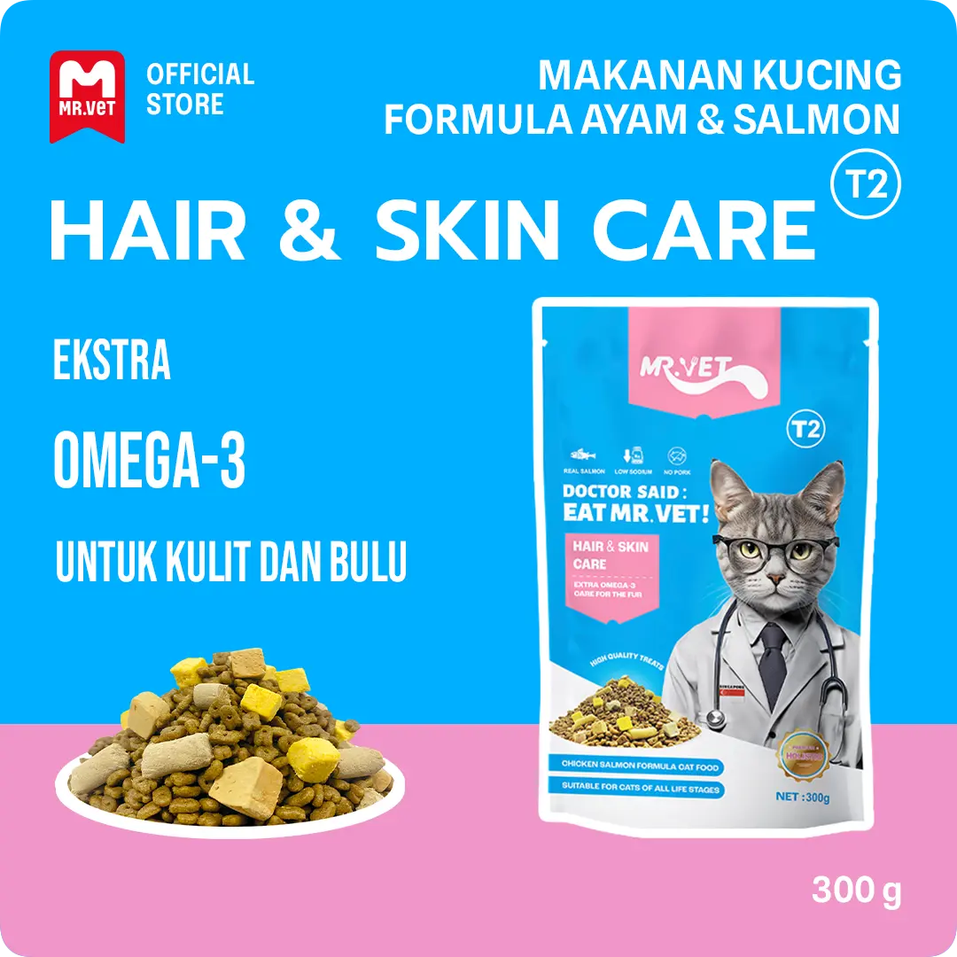 Makanan Kucing Kering Mr.Vet T2 Paket Percobaan 300g yang membuat Bulu mengkilap, Mengurangi Kerontokan, cocok untuk Segala Usia