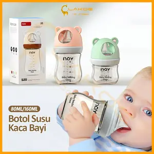 LAKOE Botol Susu Kaca Bayi BPA Free Anti Bocor Botol Minum Bayi New Born Baby Glass Bottle 80ML/160ML