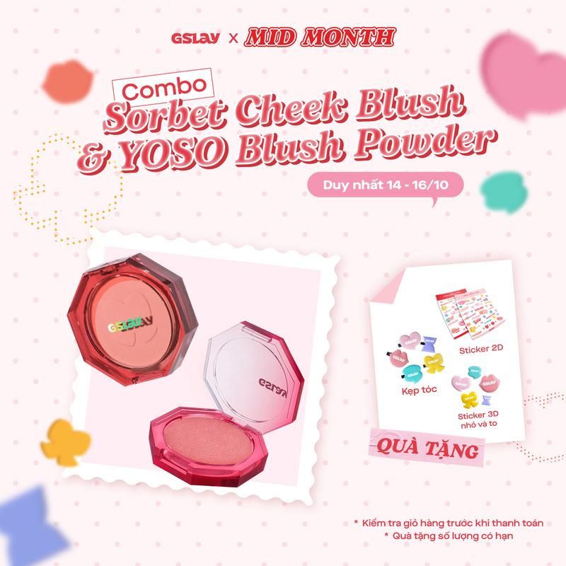 Combo GSLAY Má hồng kem hóa phấn Sorbet Cheek Blush 5g và Phấn má hồng thuần chay dạng nén YOSO Blush Powder 5g