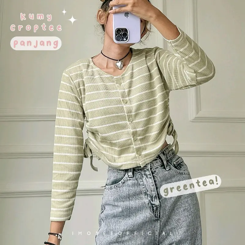 kumy crop stripe lengan panjang / atasan waffle garis crop / blouse serut korea 5