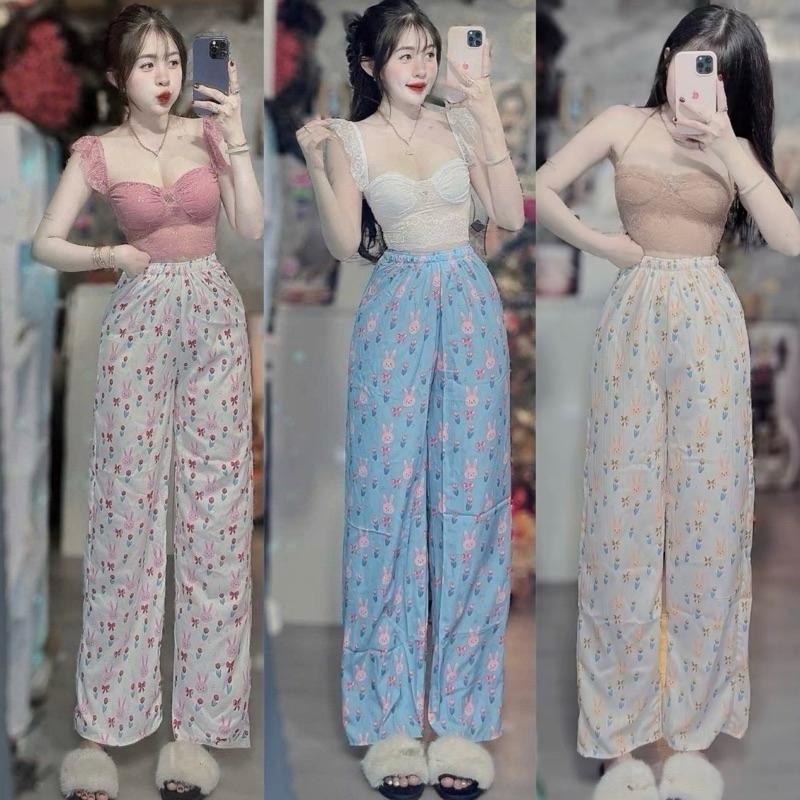 HÀNG SẴN HOẢ TỐC Set Bộ Áo Cúp Ren Cánh Tiên Croptop + Quần Ống Xuông Rộng In Full Thỏ Hoa Nhí