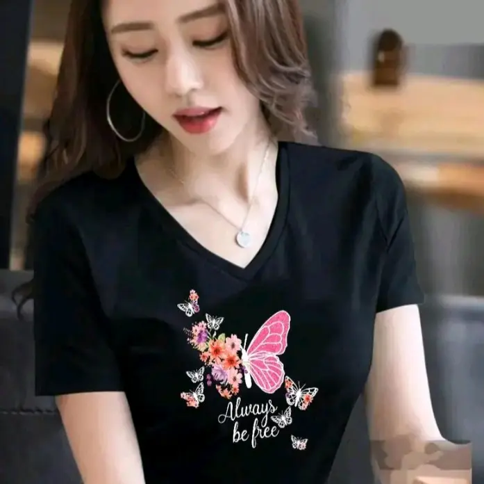 Atasan Lengan Pendek wanita Kaos wanita leher V Neck Motif Kupu 4 PCS Cewek