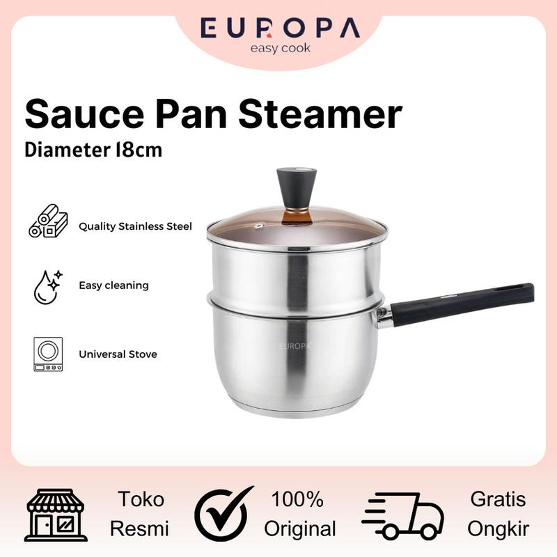 Europa Sauce Pan Stainless 18 cm dengan Kukusan dan Tutup Kaca - Alat Dapur - Kitchenware 1