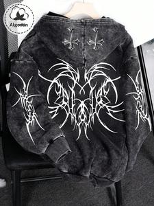 Sudadera con cierre de estilo Y2K, lavado de roca, patrón de cruz gótica y espinas tribales, suéter cálido y holgado de estilo vintage, chaqueta unisex oscura de estilo urbano