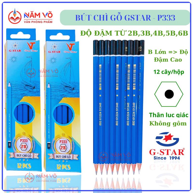 P333 HỘP 12 Cây Bút Chì Đen Viết Chì Đen Thân Gỗ Màu Xanh G-Star GStar P 333 Khó Gãy Dễ Chuốt 2B 3B 4B 5B 6B