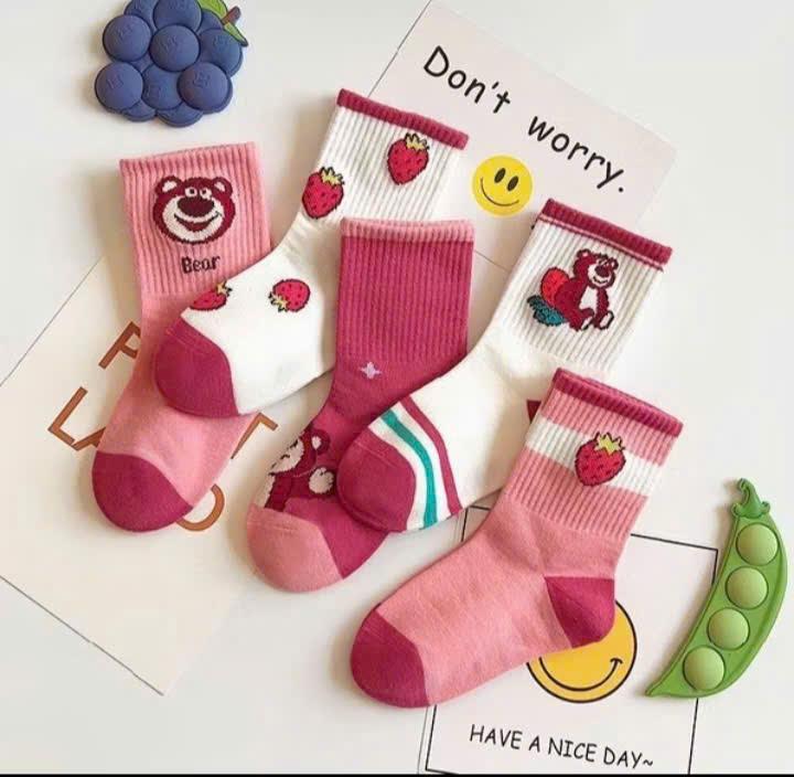  Combo 10 đôi tất gấu dâu lotso bé gái tông màu hồng cam chất cotton siêu đẹp T2033 