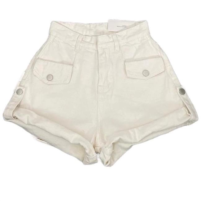 J08 Quần TẾT 2026 Quần Kaki Nắp Túi Nút Lật Lai Nút Quần Short Đùi Nữ Lưng Cao Bẻ Gập Túi Chỉnh Lai 2 Màu Đen Trắng Hot Hit Women Pants Kem Lịch Nhung quần jean quần jeans nữ quần bò quần trắng quần jean ống suông quần đi học