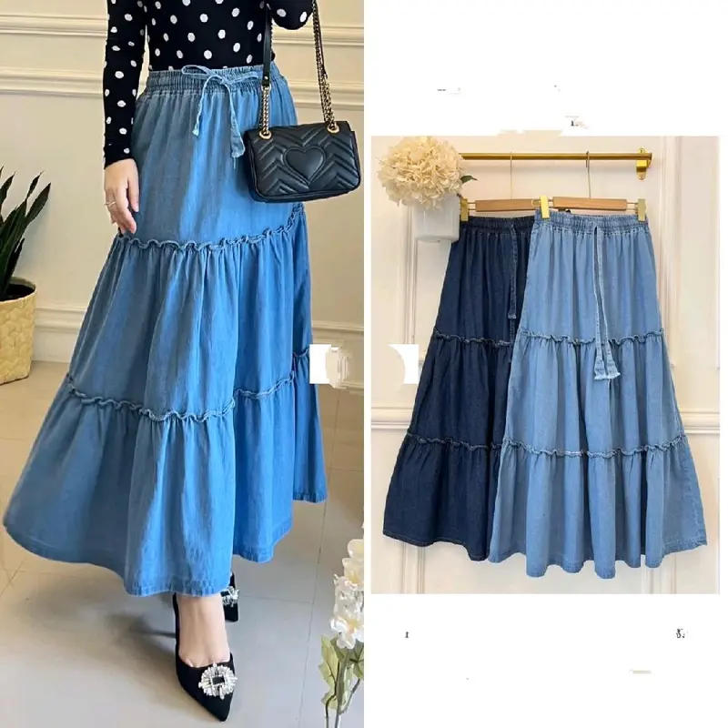 Ara Jeans Skirt Rok Susun Rempel Jeans Premium Korean Style/Jeans Ruffle Skirt 2