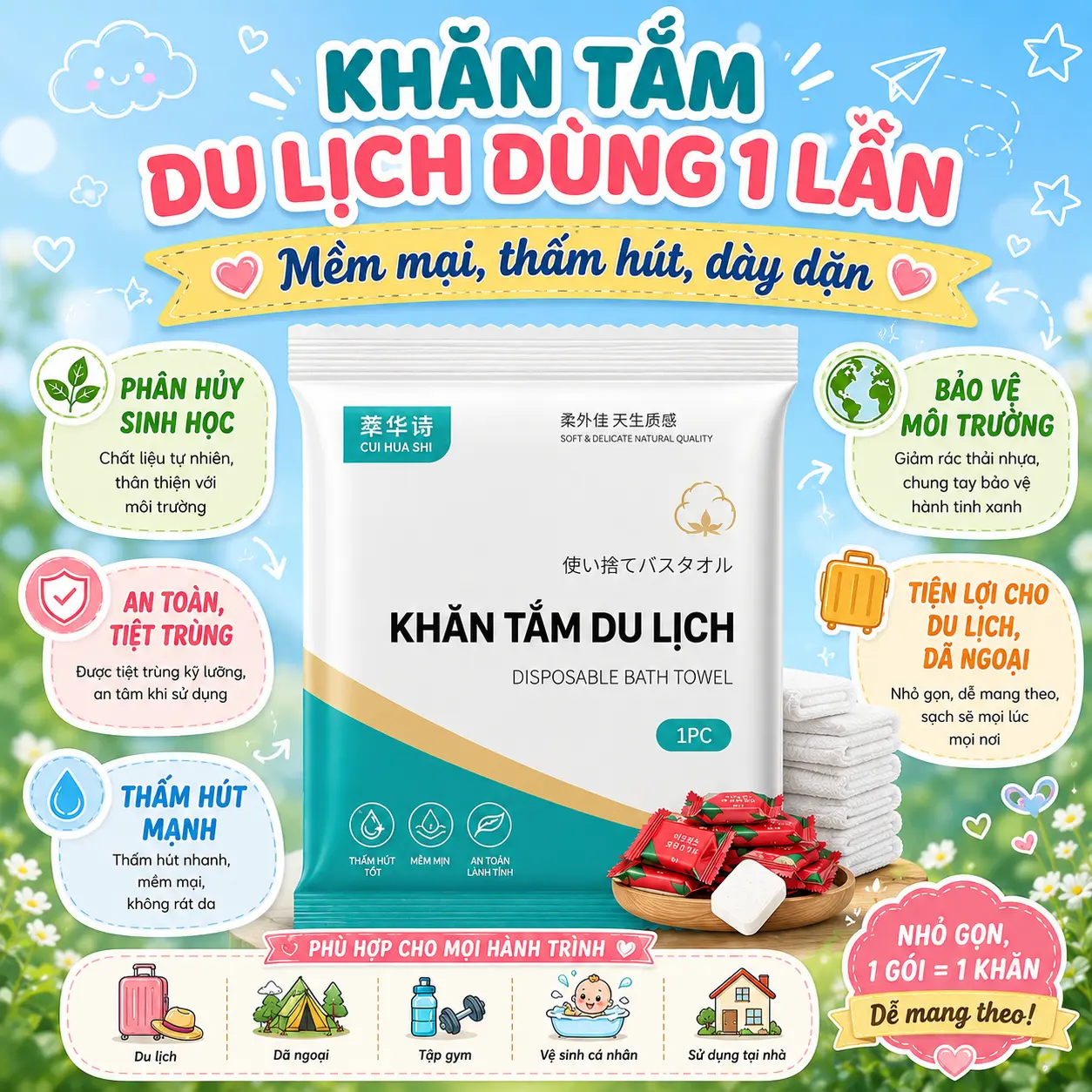 DINO Khăn Tắm Du Lịch Sử Dụng Một Lần Sợi Vải Cellulose Phân Hủy Sinh Học Thấm Hút Mạnh Mềm Mịn Không Kích Ứng Da