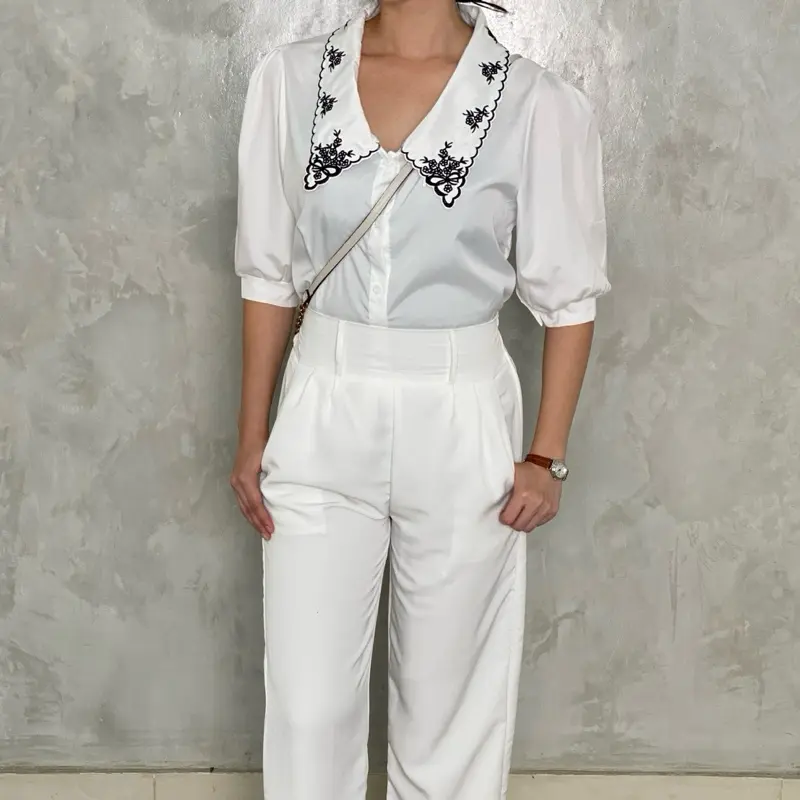 Hikari Top (Best Selling Top DearSista) Atasan Wanita Korean Style Hitam Stylish Kekinian Imut Lengan Pendek Baju Bordir Casual Kancing Street Style White Katun Kerah Nyaman Panjang Polyester Putih High Simple Cantik Tangan 8