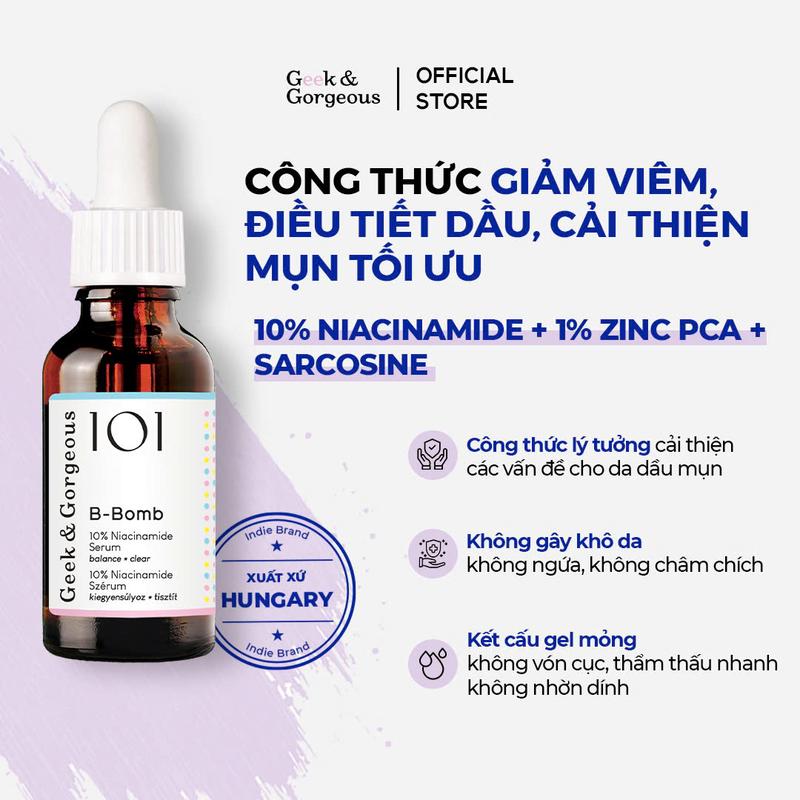 KOL Tinh Chất Hỗ Trợ Kháng Viêm Kiềm Dầu Cải Thiện Mụn 10% Niacinamide Geek&Gorgeous B-Bomb 30ml