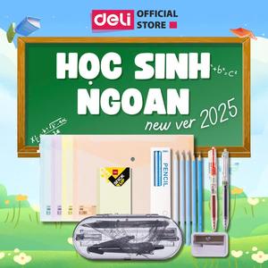 [New ver 2025] Combo Học Sinh Ngoan Deli cho học sinh cấp 1,2,3 - Set 20 món 8 Dụng Cụ Hình Học, Bút Chì, Thước Kẻ, Compa, Eke, Ngòi, Tẩy, Bút Gel, Bút Xóa Băng - Tặng Kèm Túi Đựng Tài Liệu chuyên dụng cho học sinh đi học, đi thi