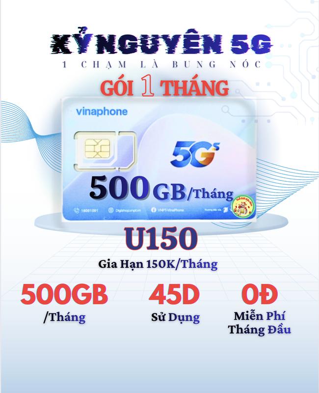 Miễn phí tháng đầu Gói U150 Vina - 500GB tháng ~ 17Gb ngày – Sim Data 4G 5G - Gia hạn 150k tháng vinaphone