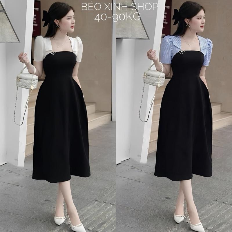 Váy Dự Tiệc Cổ Vuông Vải Cotton Lạnh Phối Lụa 40 - 90Kg Đầm Dự Tiệc - A.1376