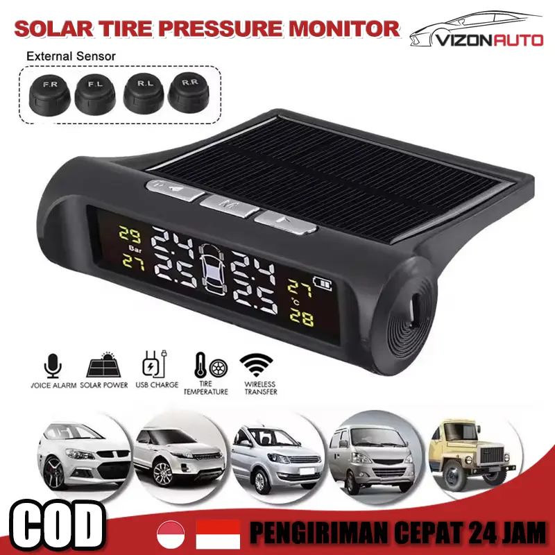 vizonauto Car Solar TPMS Automobile Tire Pressure Monitoring System On Dashboard Digital Clock Display 4 TPMS Sensors Auto Security Alarm