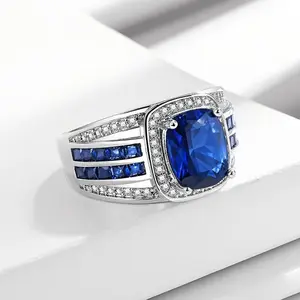 Cincin Pernikahan Pesona Perak Antik Mewah Berlian Penuh Faux Blue Crystal Cincin Pernikahan Pesona Perak Vintage Pria dengan Hadiah Aksesoris Pertunangan Berlian Mengkilap Ring