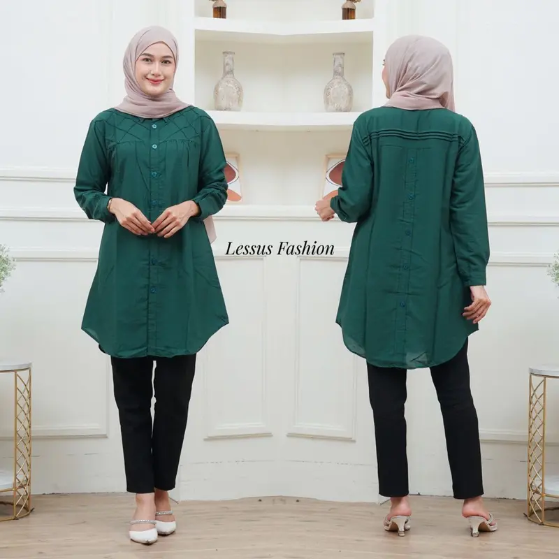 Lissa Tunik Opnaisel Polos polo linen kancing depan belakang|| kemeja wanita polos tunik pololinen|| pakaian muslim wanita atasan kekinian 6