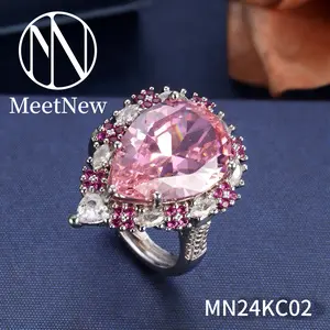 MN24KC02 4A Zirkon merah muda berbentuk tetesan air besar bertatahkan batu permata kecil merah marun dan berlian putih berlapis emas putih 24K cincin gaya industri berat Rings